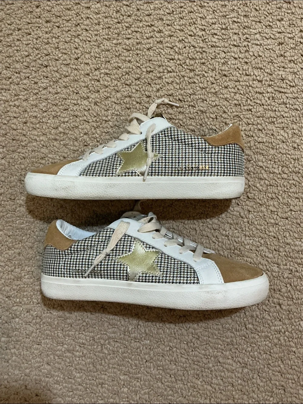 Vintage Havana Tan Suede & White Leather Sneakers with Houndstooth Trim